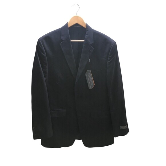 Savane Suit Jacket Men's Size 42 Long Black Blue Pinstripes Travel Intelligence - Picture 1 of 9